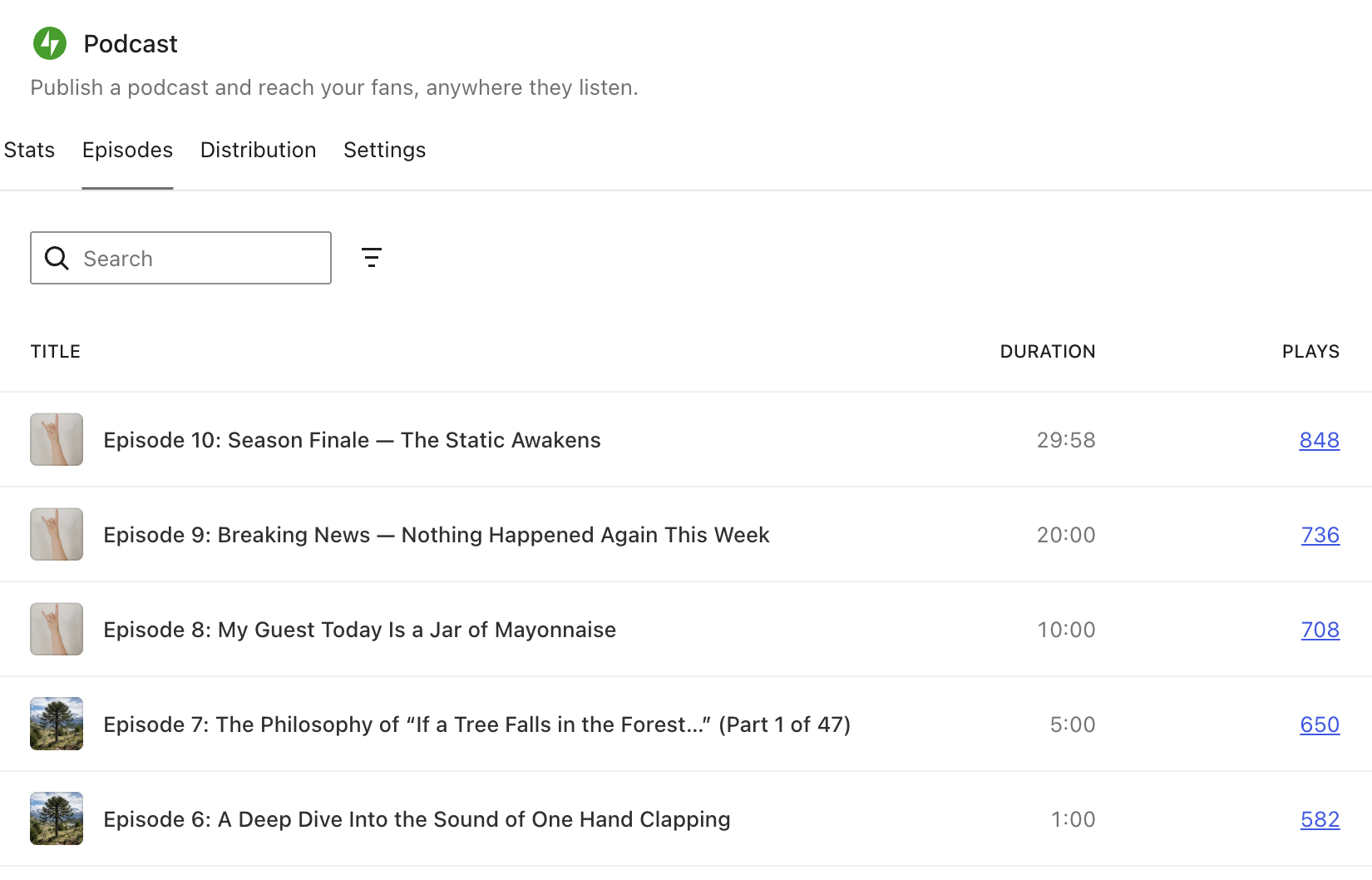 The Jetpack podcast episode dashboard listing episodes with their durations and play counts