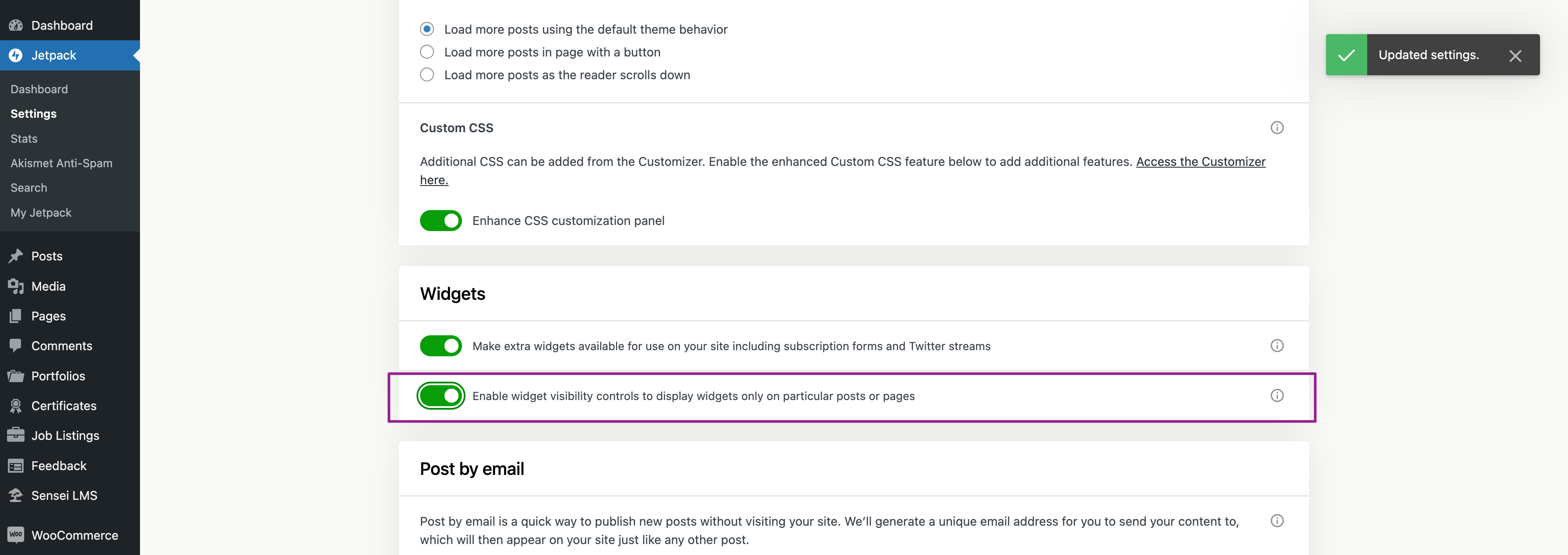 Toggling (activating/ deactivating) widget visibility controls from Jetpack settings.