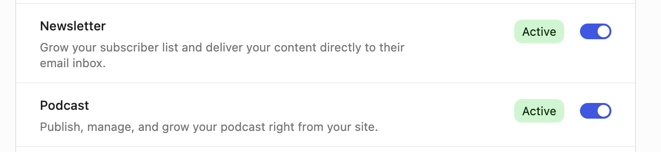 Settings for newsletter and podcast features with active toggle switches.