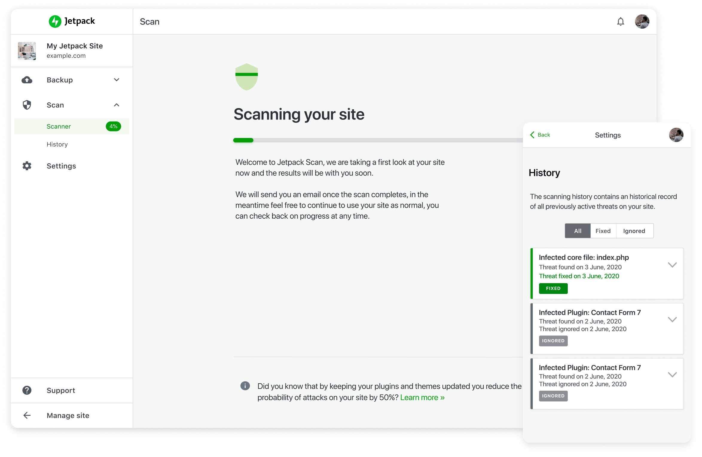 Jetpack Scan threat notifications and dashboard