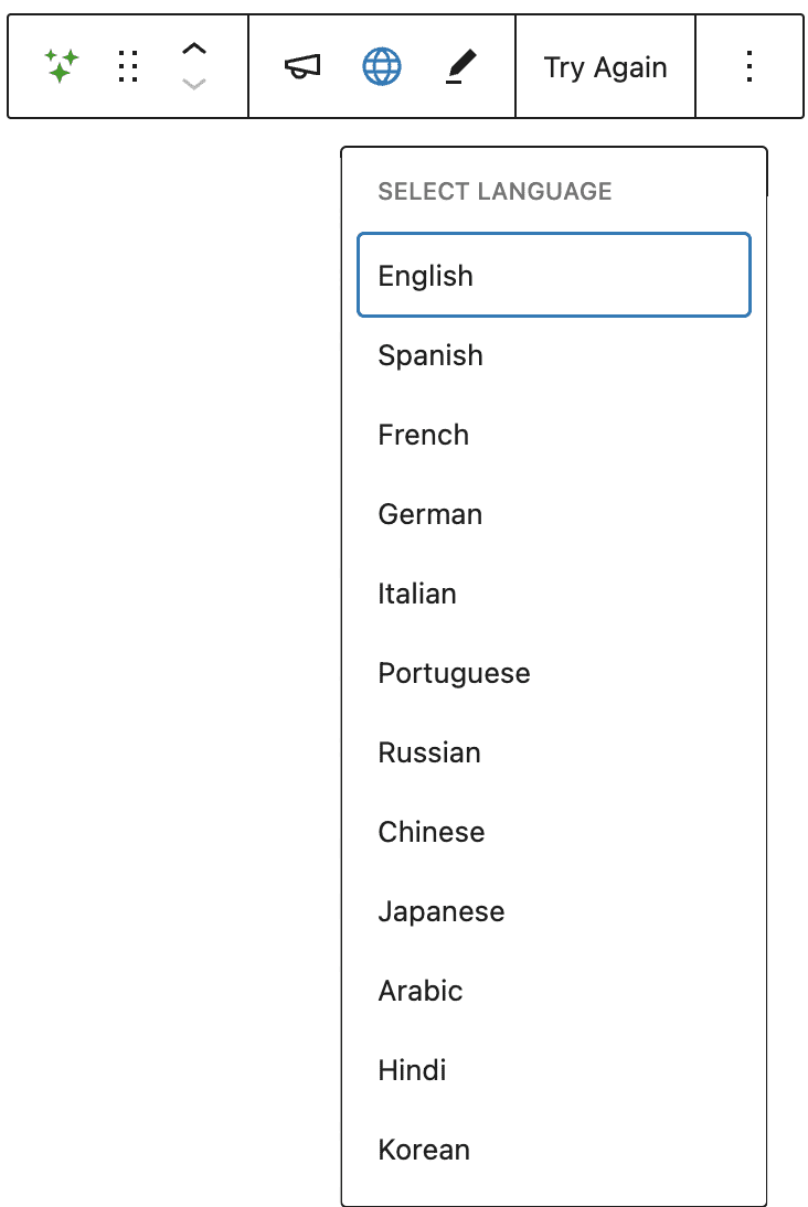 Language options to choose from for translating your content