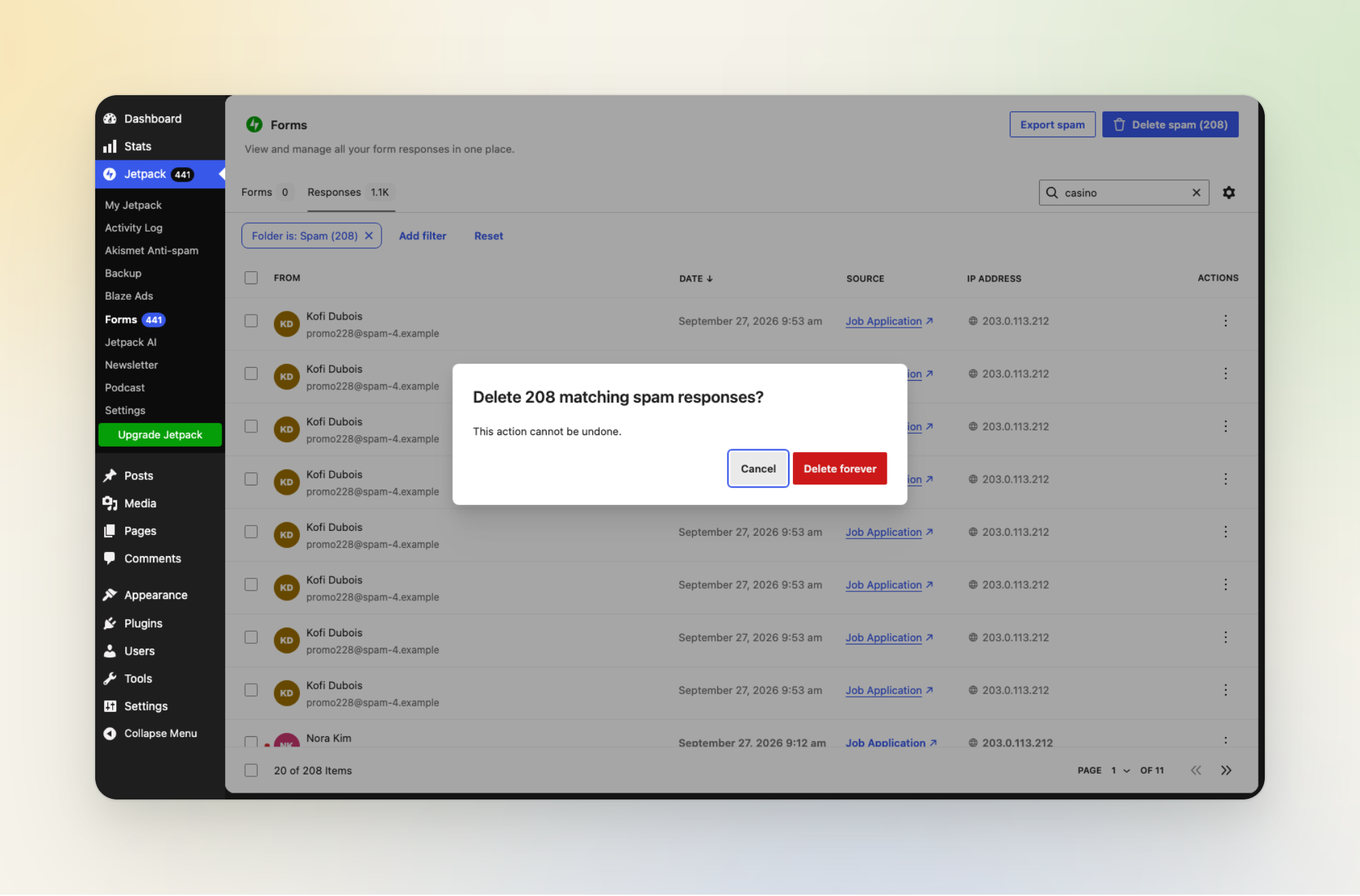 The Forms dashboard asking to confirm deleting 208 matching spam responses, with Cancel selected by default