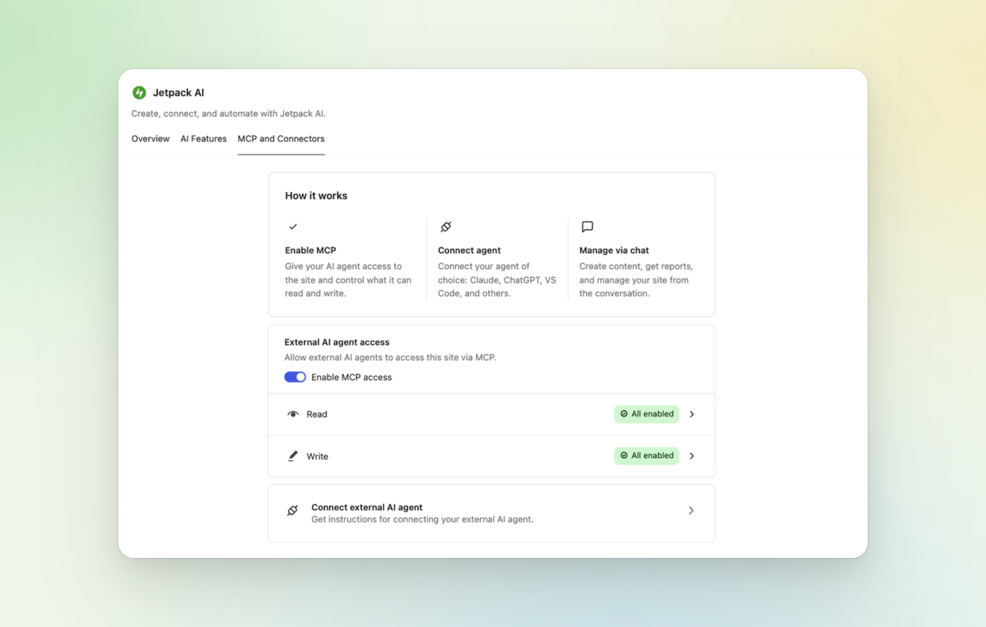 The MCP and Connectors tab in Jetpack AI, with the new How it works guide above the external AI agent access settings