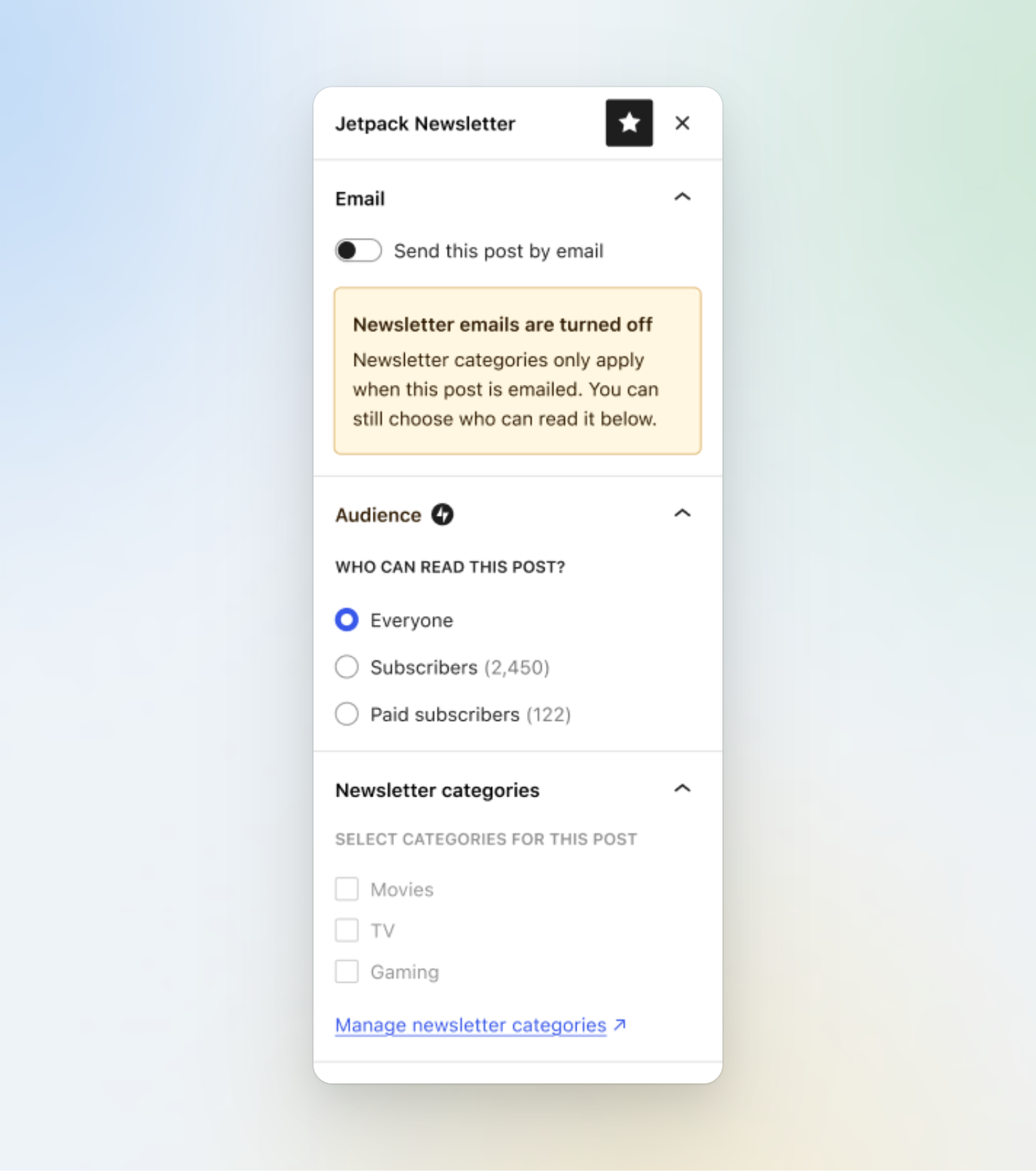 The Jetpack Newsletter sidebar in the editor, with Email, Audience, and Newsletter categories sections