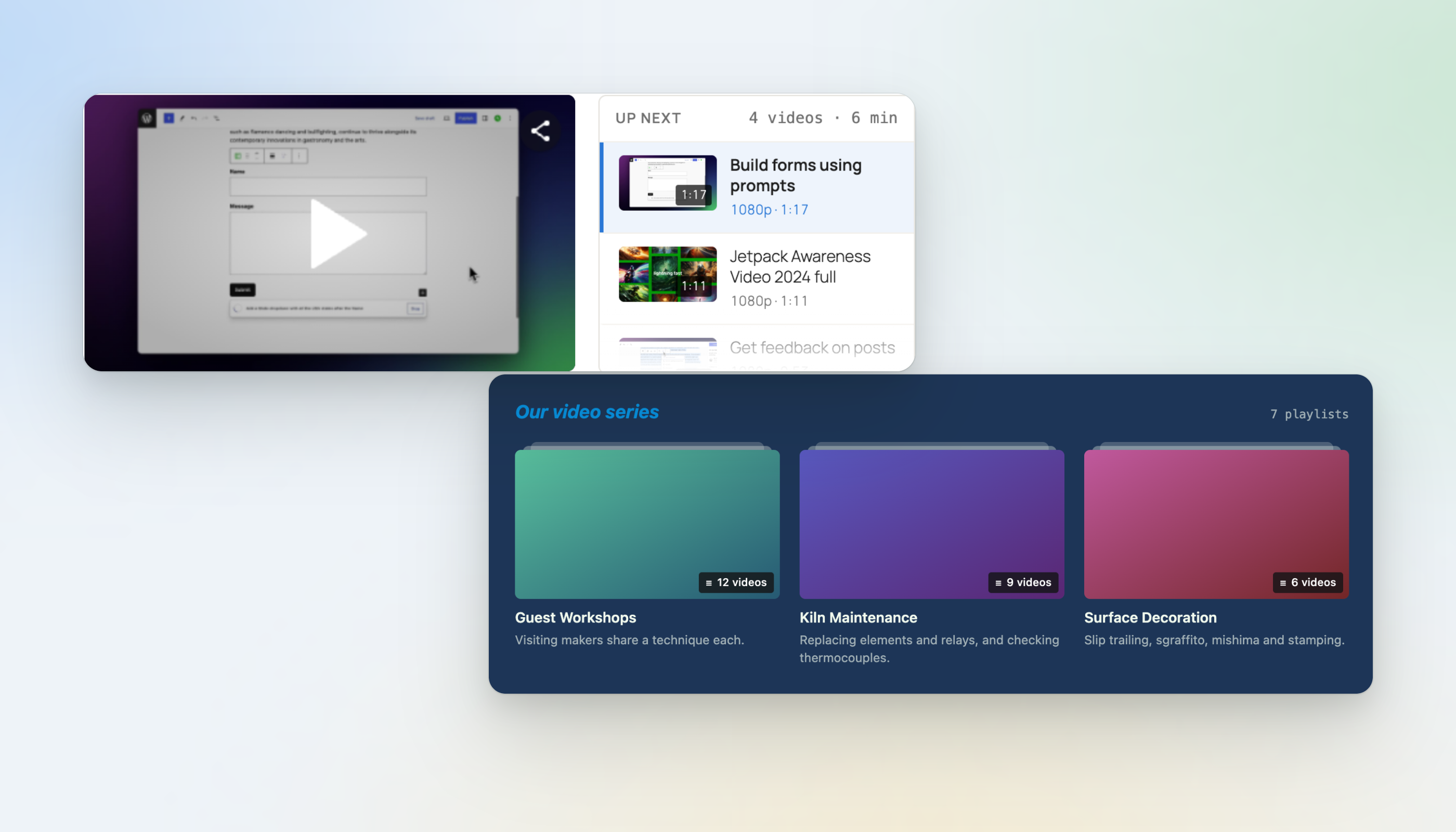 The Latest Videos Playlist block playing a site's newest videos, above the All Playlists block showing a gallery of video playlists