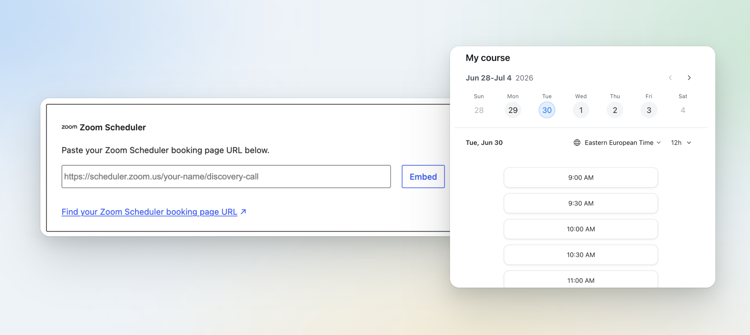 The Zoom Scheduler block asking for a booking page URL, next to the booking calendar it embeds on the page