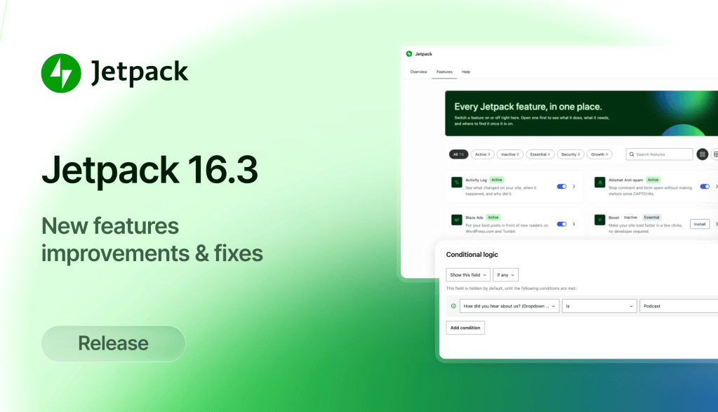 Jetpack 16.3: Conditional logic in Forms, new playlist blocks, and&nbsp;more