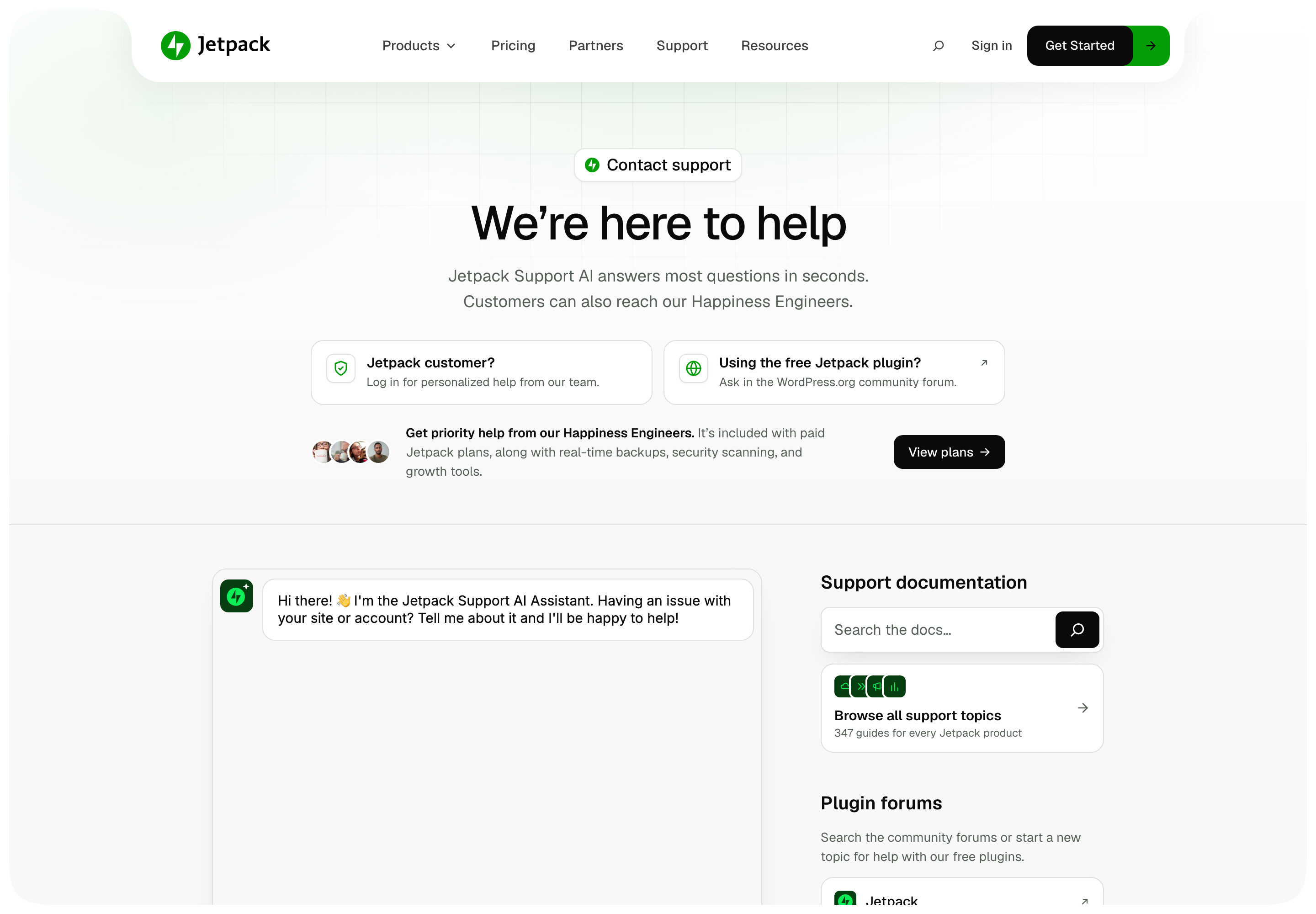The new "Contact support" page, with options for Jetpack customers and free plugin users above the Support AI assistant chat.