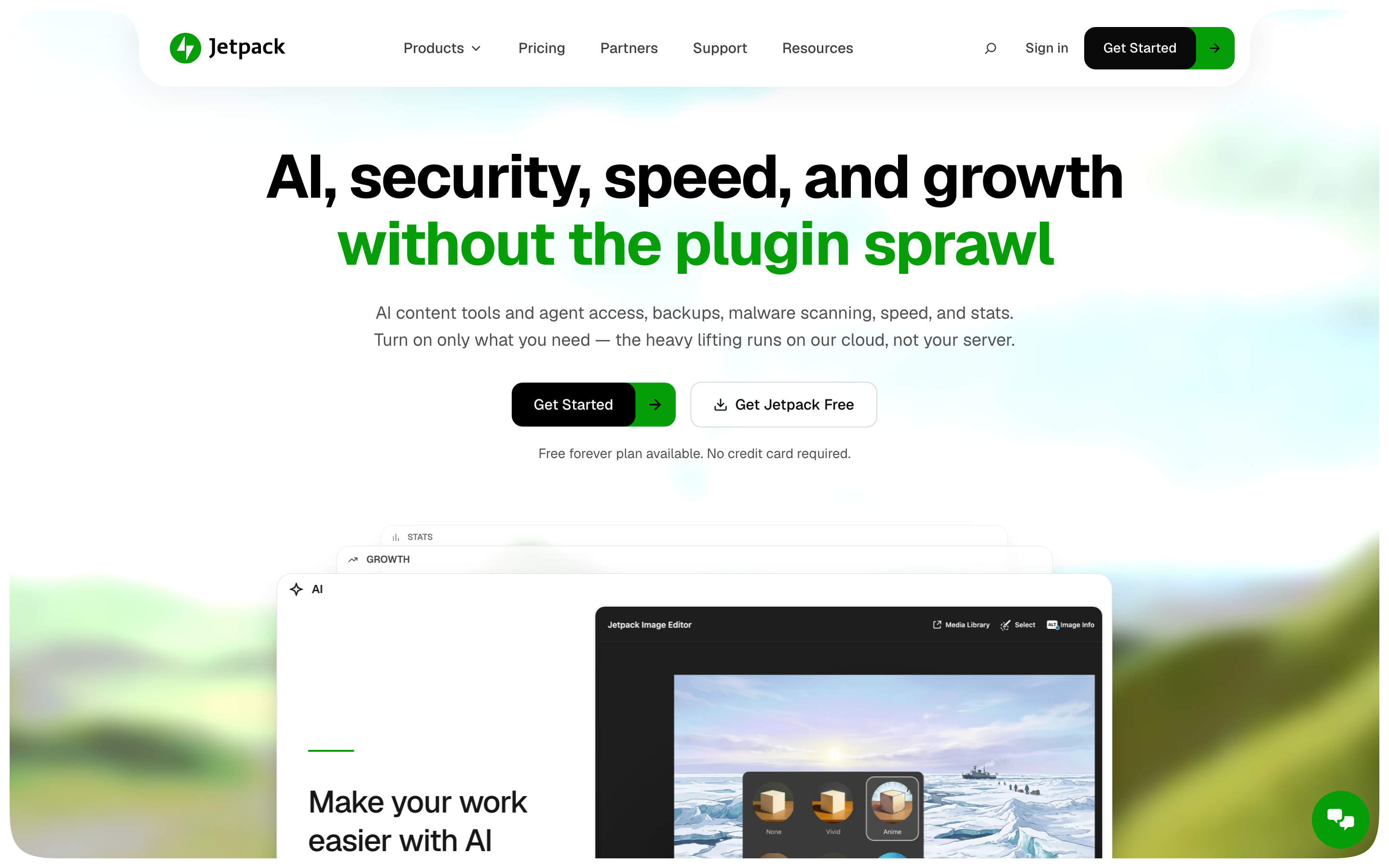 The new Jetpack.com homepage, with the headline "AI, security, speed, and growth without the plugin sprawl" and a "Get Jetpack Free" button.