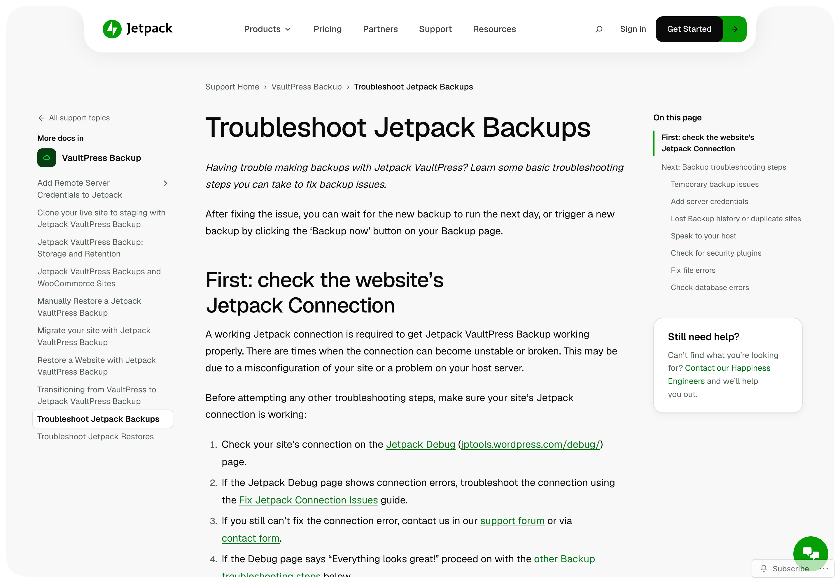 A Jetpack support article with the VaultPress Backup guide list in a left sidebar and an "On this page" outline on the right.