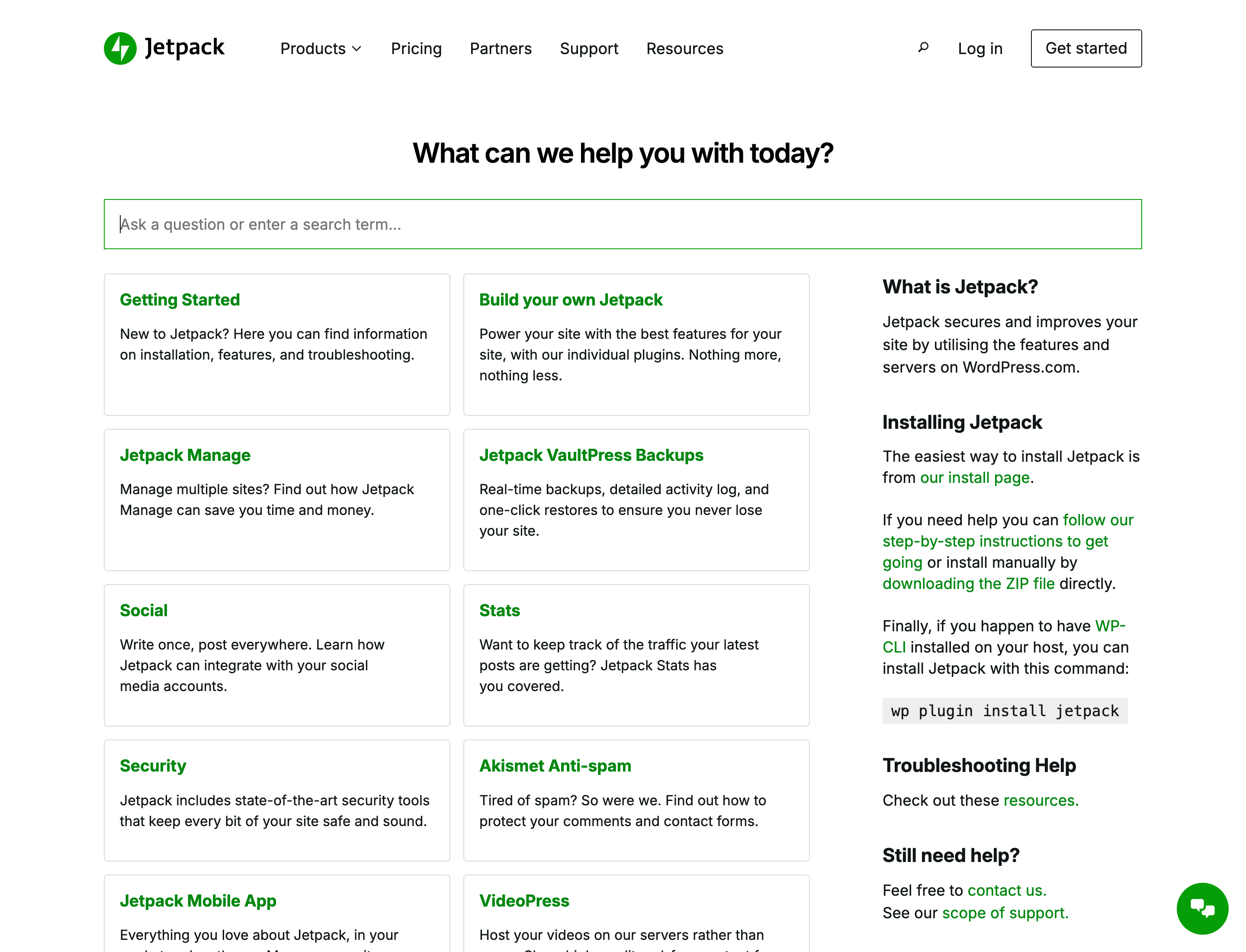The old Jetpack support home: a search box above a plain grid of product links.