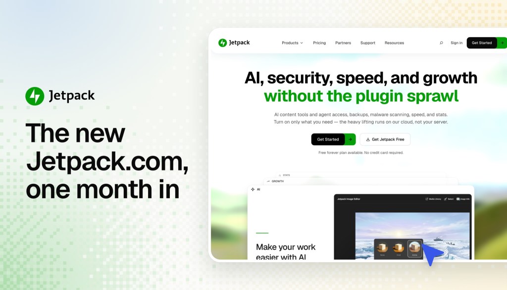The Jetpack logo and the headline "The new Jetpack.com, one month in" next to a screenshot of the new Jetpack.com homepage.