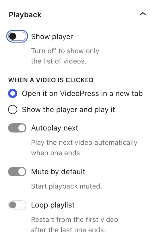 The playback section with Show player toggled off and radio buttons below.